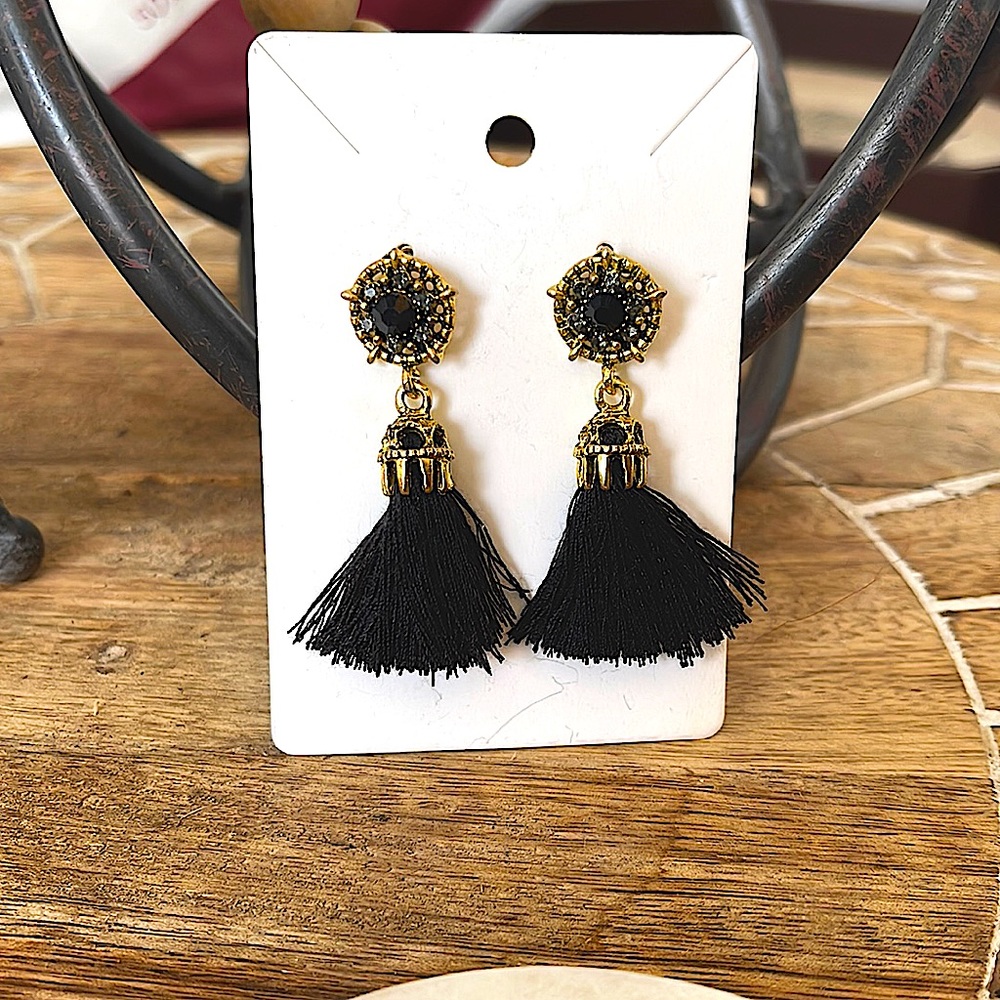 Designer black and gold tassel earrings
